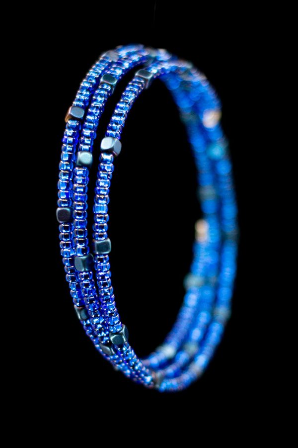 Blue Seed Bead Memory Wire Bracelet