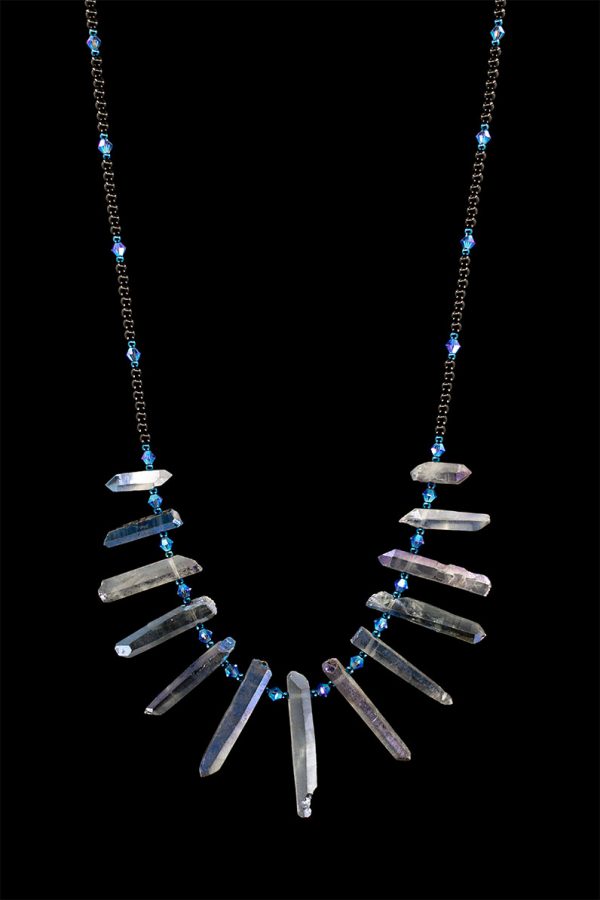 Blue Crystal, Onyx, and Swarovski Crystal Fan Necklace
