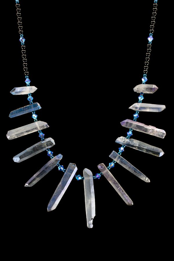 Blue Crystal, Onyx, and Swarovski Crystal Fan Necklace