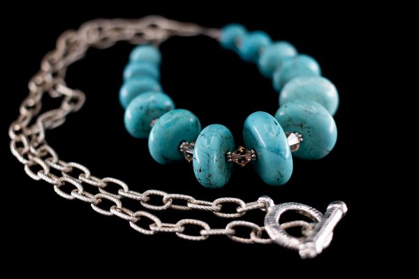 Turquoise colored Magnesite and Swarovski Crystal Necklace with Chain