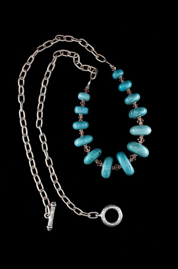 Turquoise colored Magnesite and Swarovski Crystal Necklace with Chain