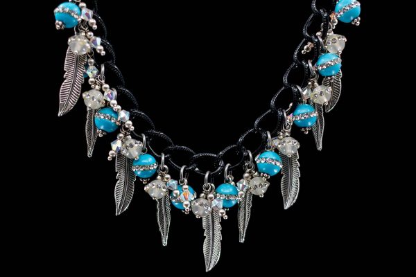 Turquoise colored Magnesite, Agate, and Swarovski Crystal Necklace with Feathers and Chain