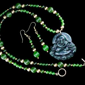 Natural Jade and Gold Buddha Necklace and Earring Set