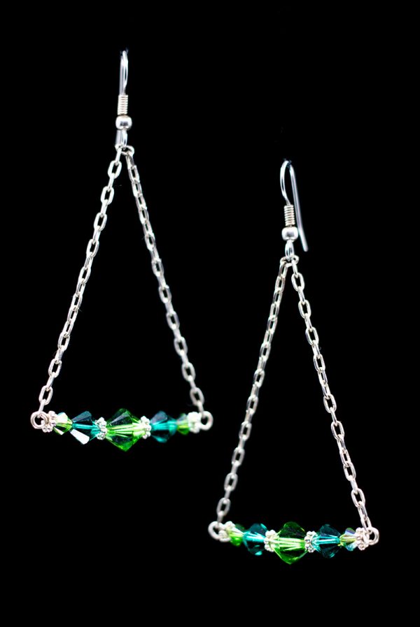 Long Green Swarovski Crystal and Silver Chain Triangle Earrings