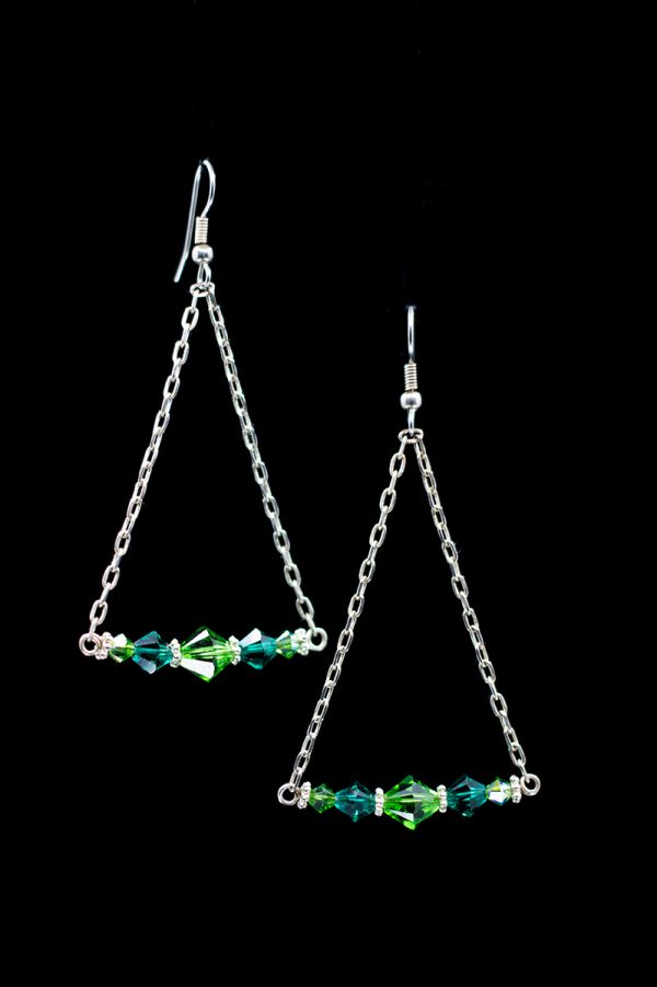 Long Green Swarovski Crystal and Silver Chain Triangle Earrings