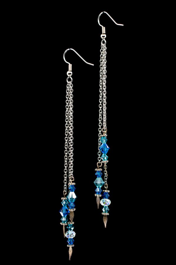 Long Blue Swarovski Crystal and Silver Chain Earrings