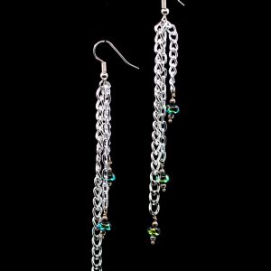 Long Green and Silver Chain Earrings