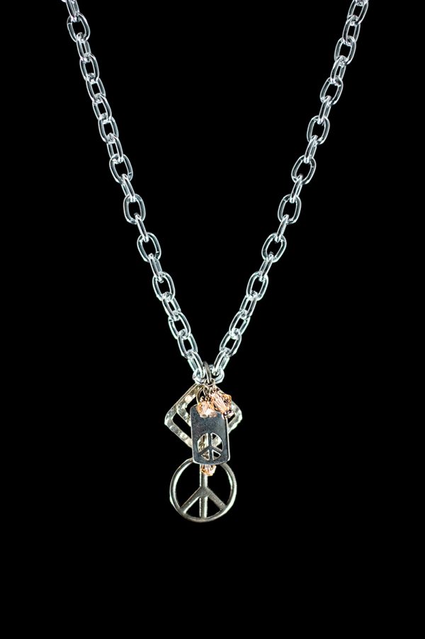 Peace Sign charm necklace with peach Swarovski Crystal