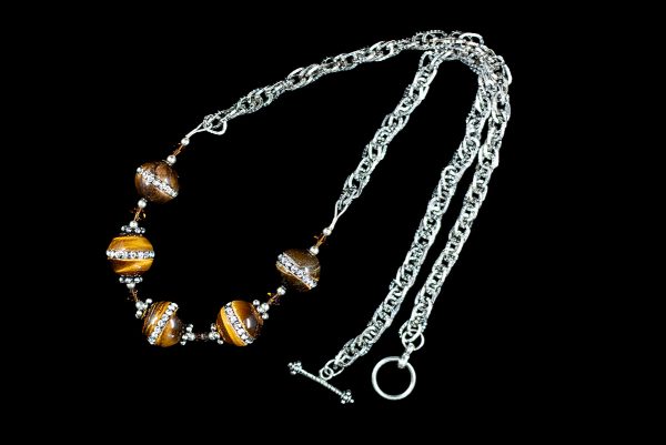 Tigers Eye and Swarovski Crystal necklace with Chain