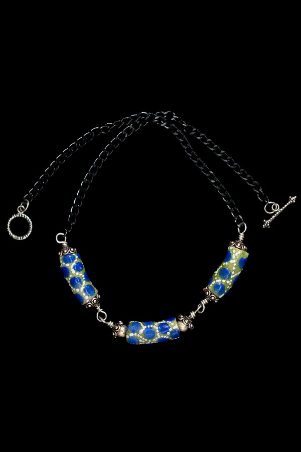 Green and Blue African Trade Bead necklace with black Chain