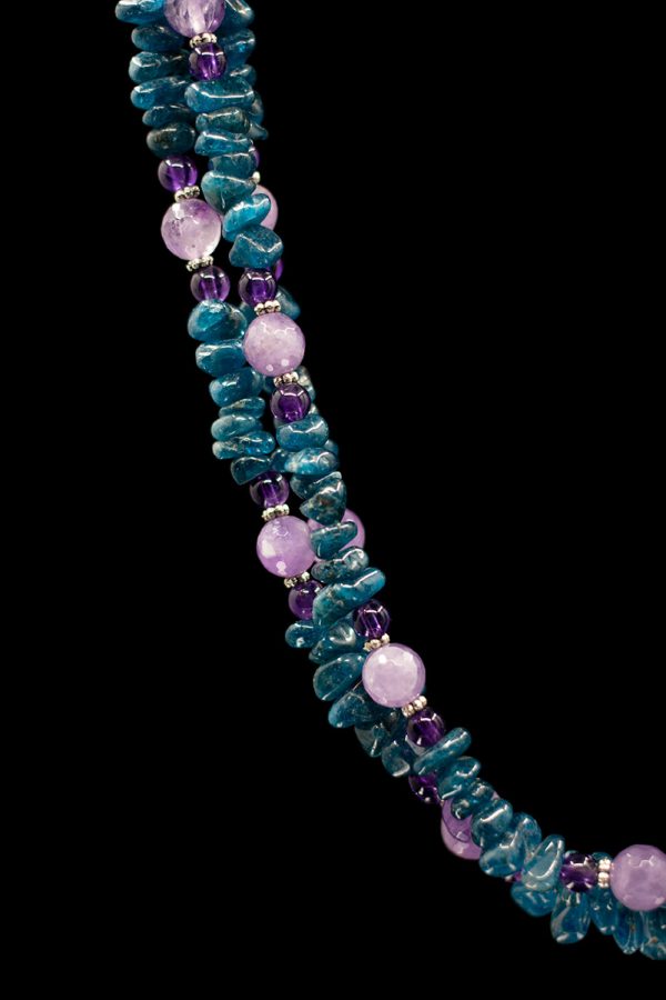 Amethyst and Apatite three strand necklace up close