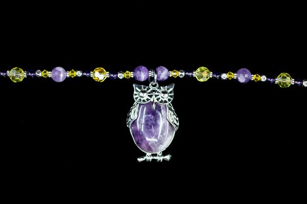 Amethyst and Yellow crystal necklace with Owl pendant