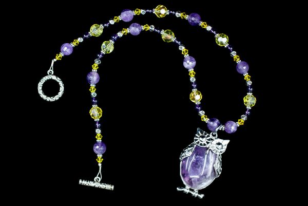 Amethyst and Yellow crystal necklace with Owl pendant