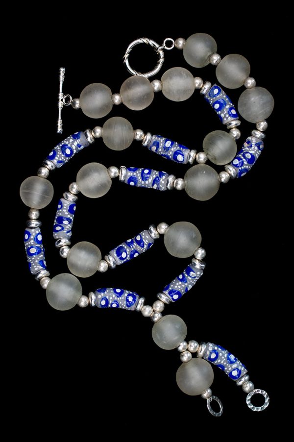 White and blue African Trade bead long necklace