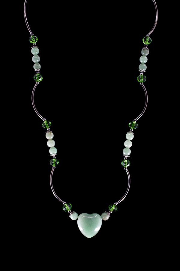 Green Aventurine, Green Glass Crystal, and Gunmetal Gray tube long necklace