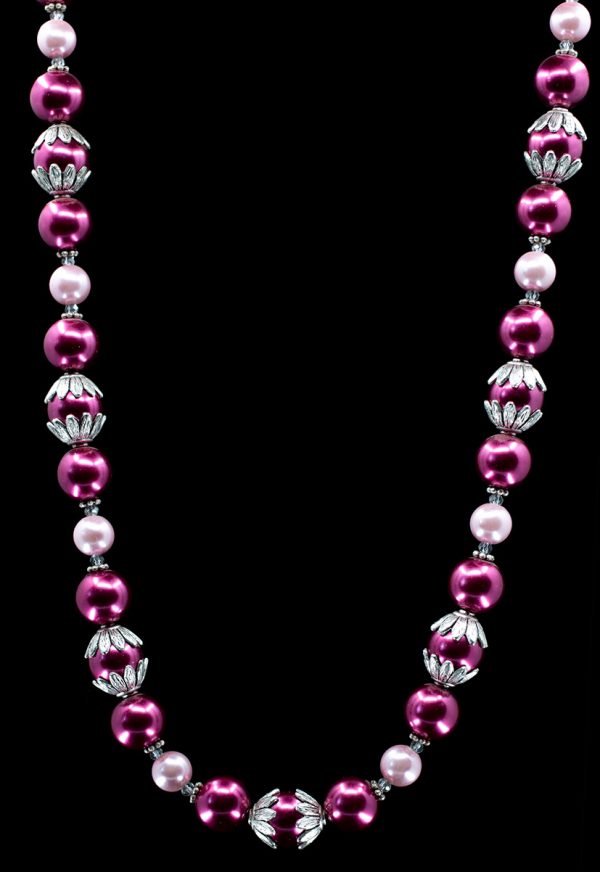 Pink Glass Pearl Necklace with Daisy Bead Caps