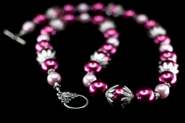 Pink Glass Pearl Necklace with Daisy Bead Caps